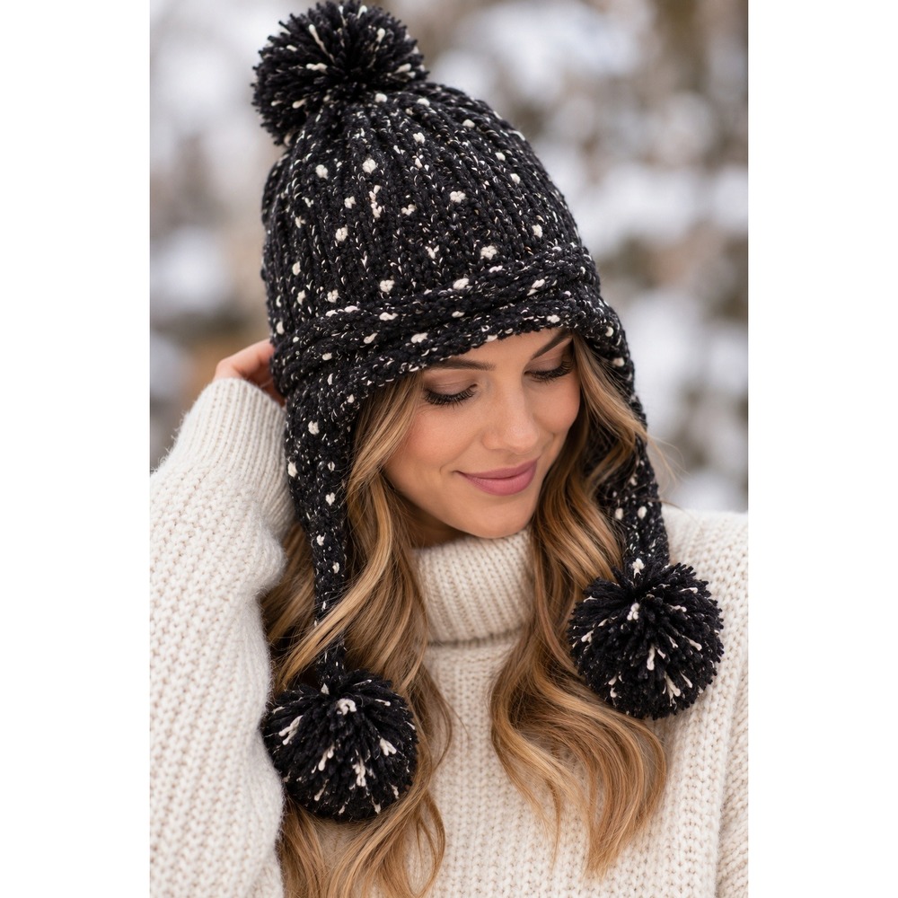 C.C Exclusives Trapper Hat Womens OS Gorpcore Snowcore Black Confetti Pom Beanie